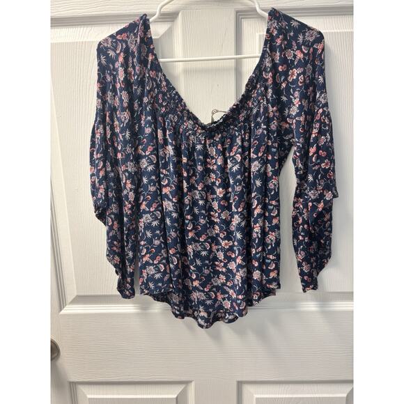 Jondie Navy Blue Floral Off The Shoulder Whimsey Goth Shirt Size S - Picture 3 of 4